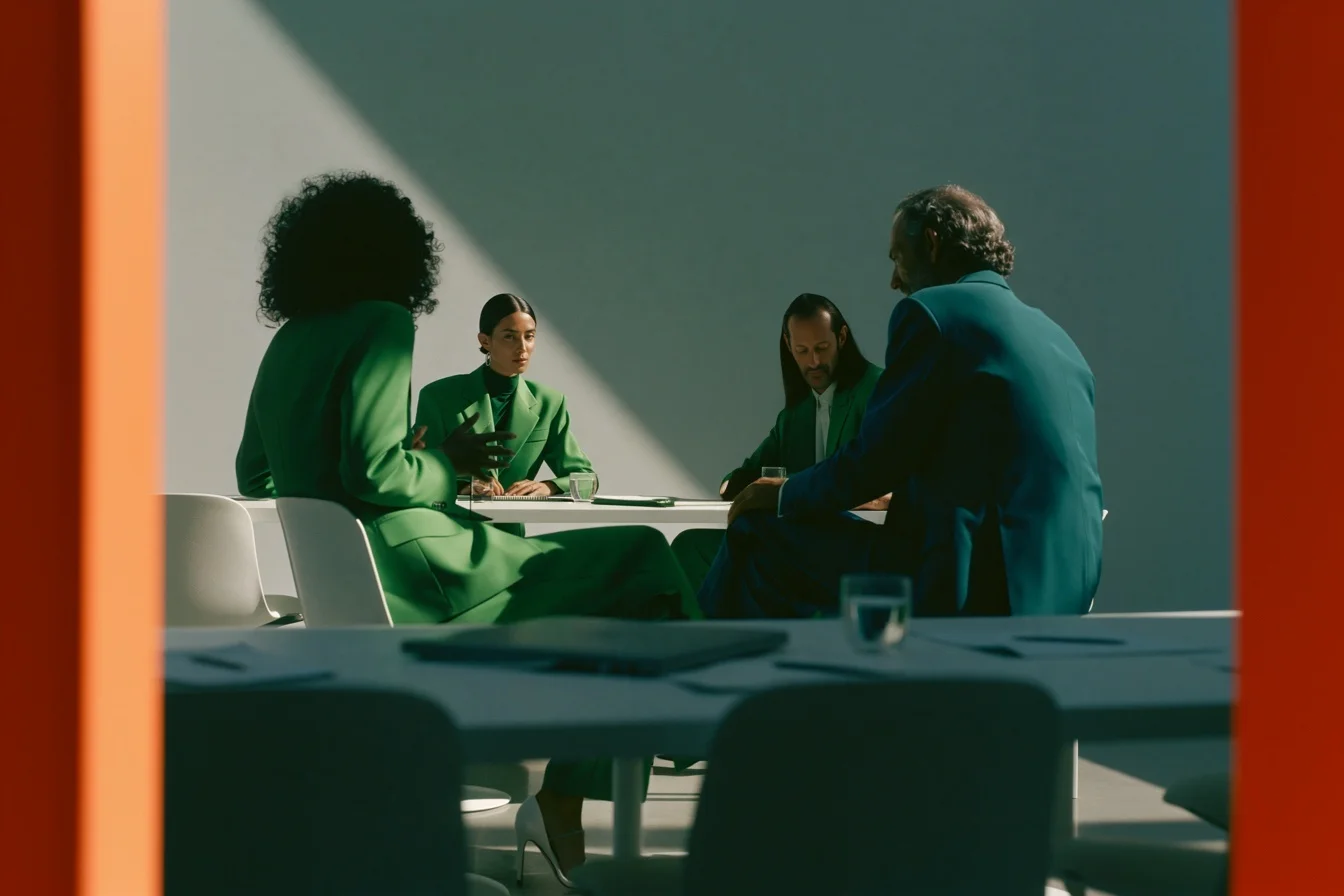 Four executives in green and cobalt suits at a meeting table. ARK campaign no. 01